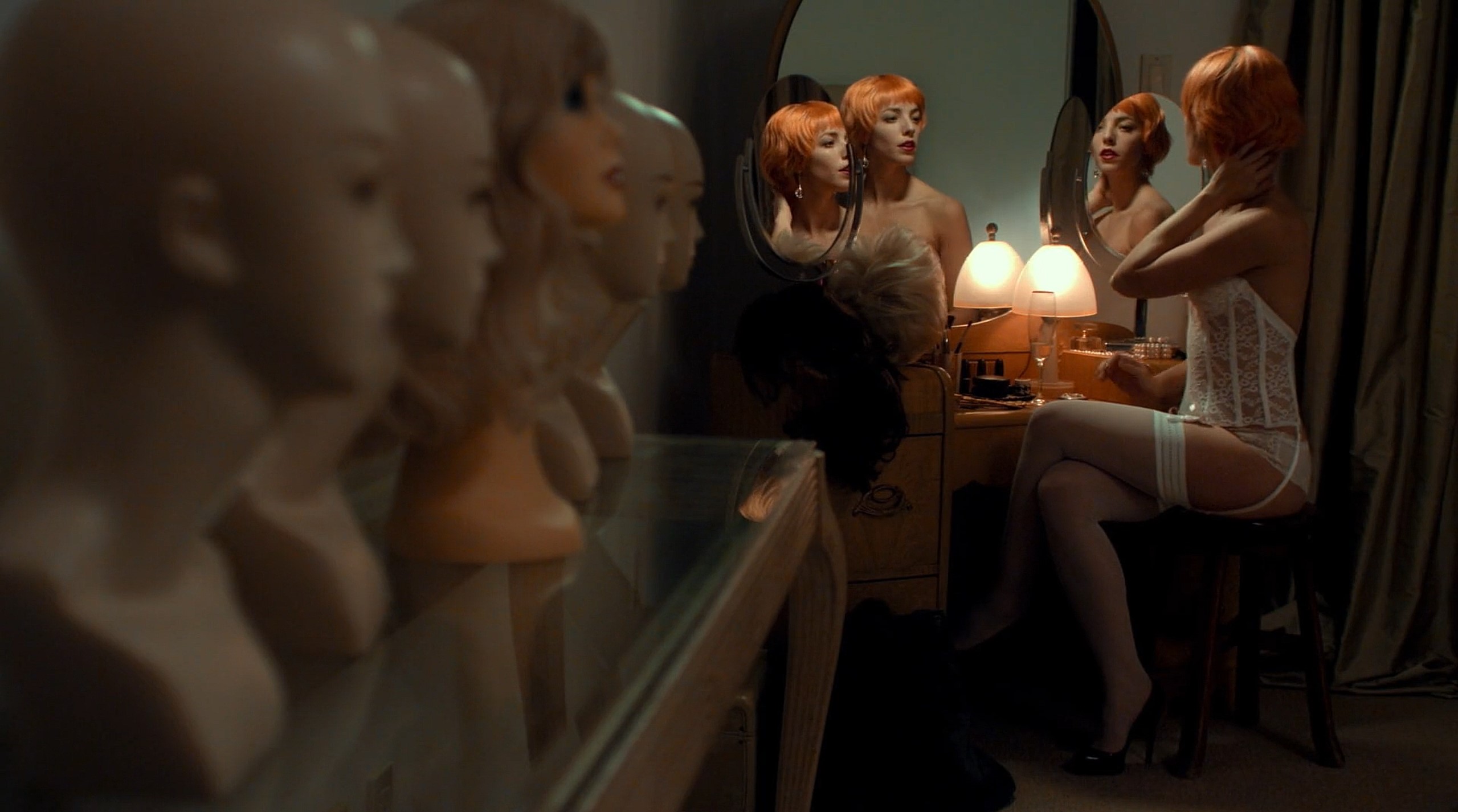Olivia Thirlby wearing a white cami garter and white stockings