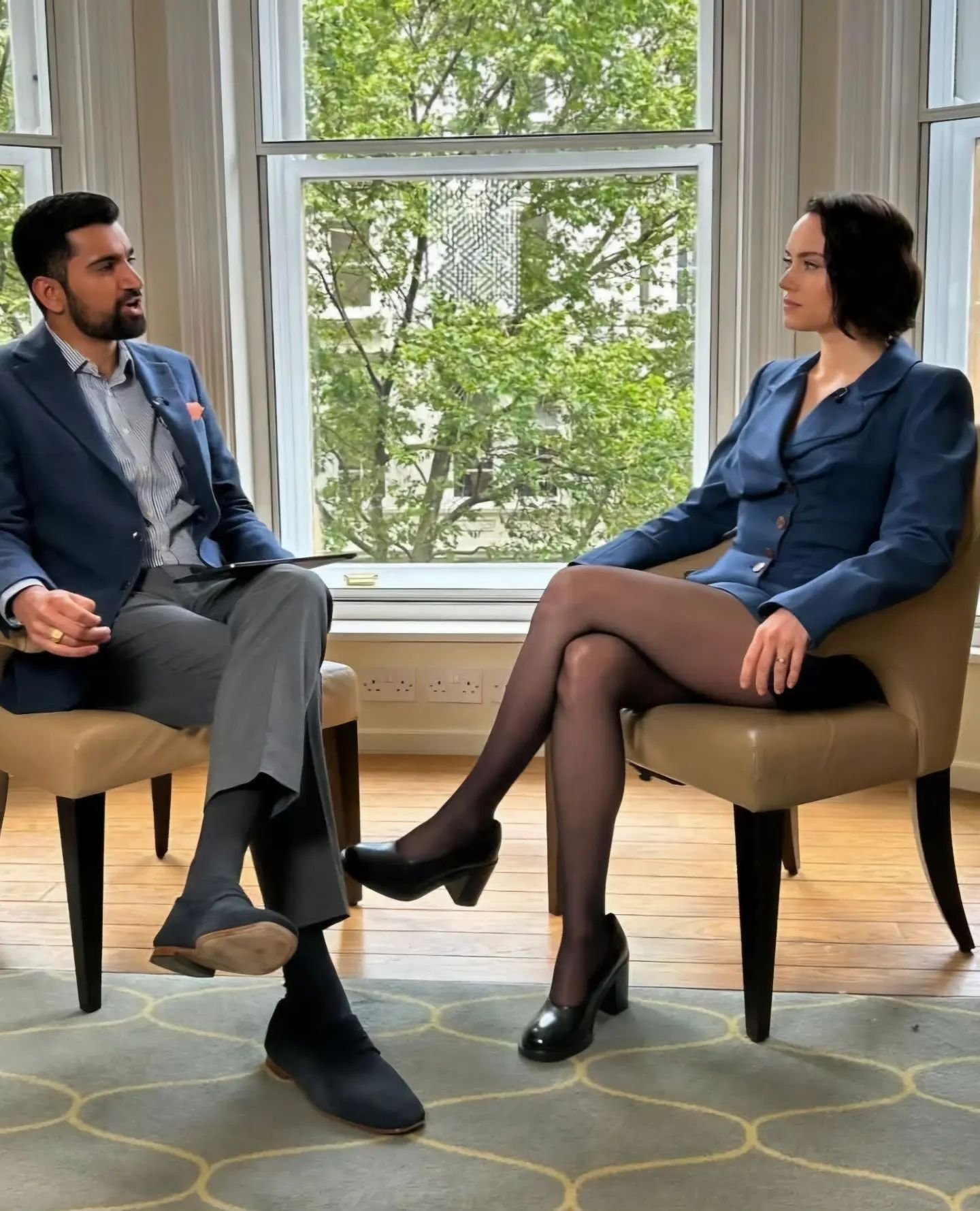 Daisy Ridley ITV interview blue skirt and stockings 2