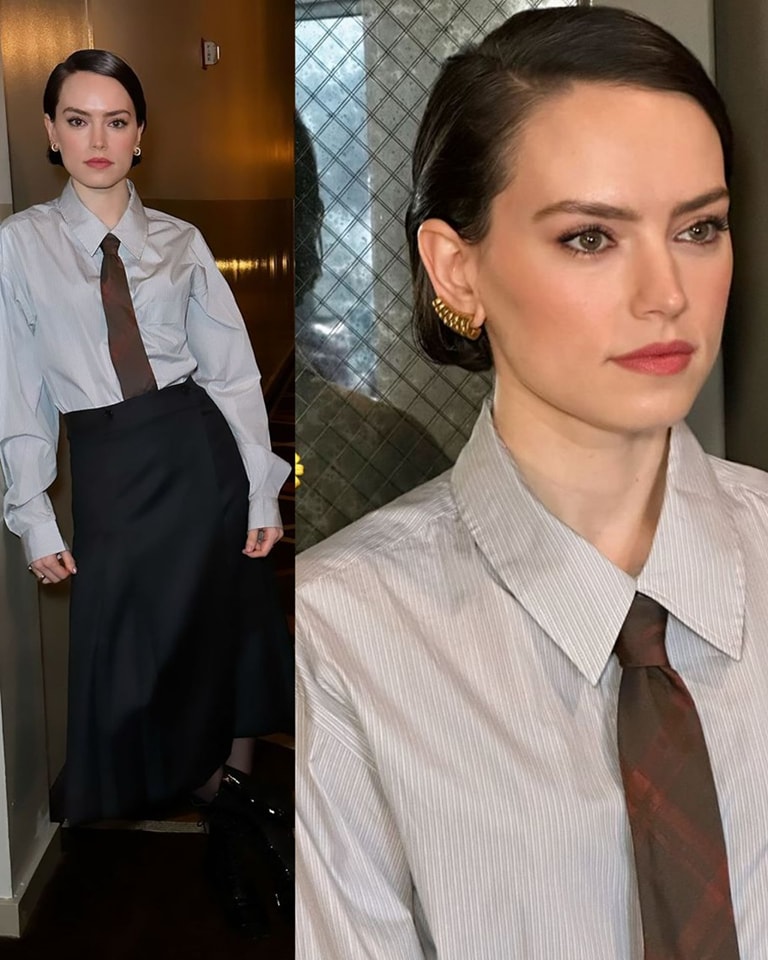 Daisy Ridley black pencil skirt and blouse 1
