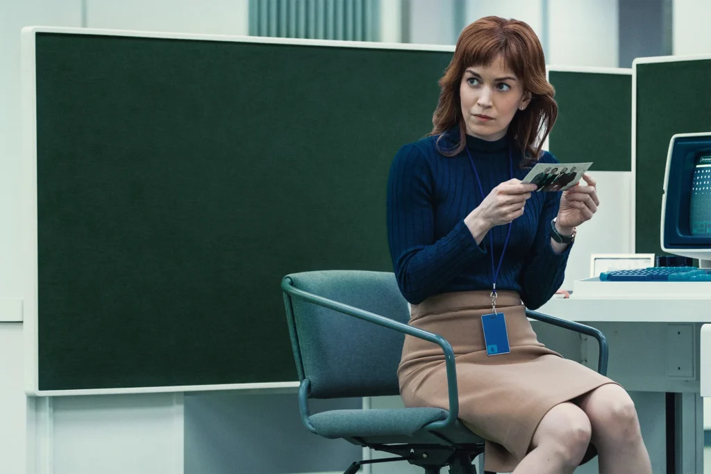 Britt Lower as Helly R in Severance in a beige pencil skirt