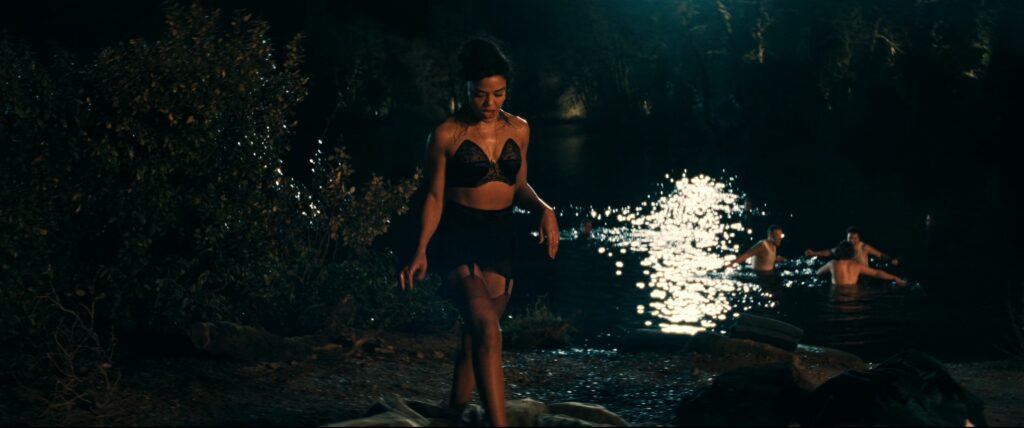Tessa Thompson in a black girdle in Hedda 2